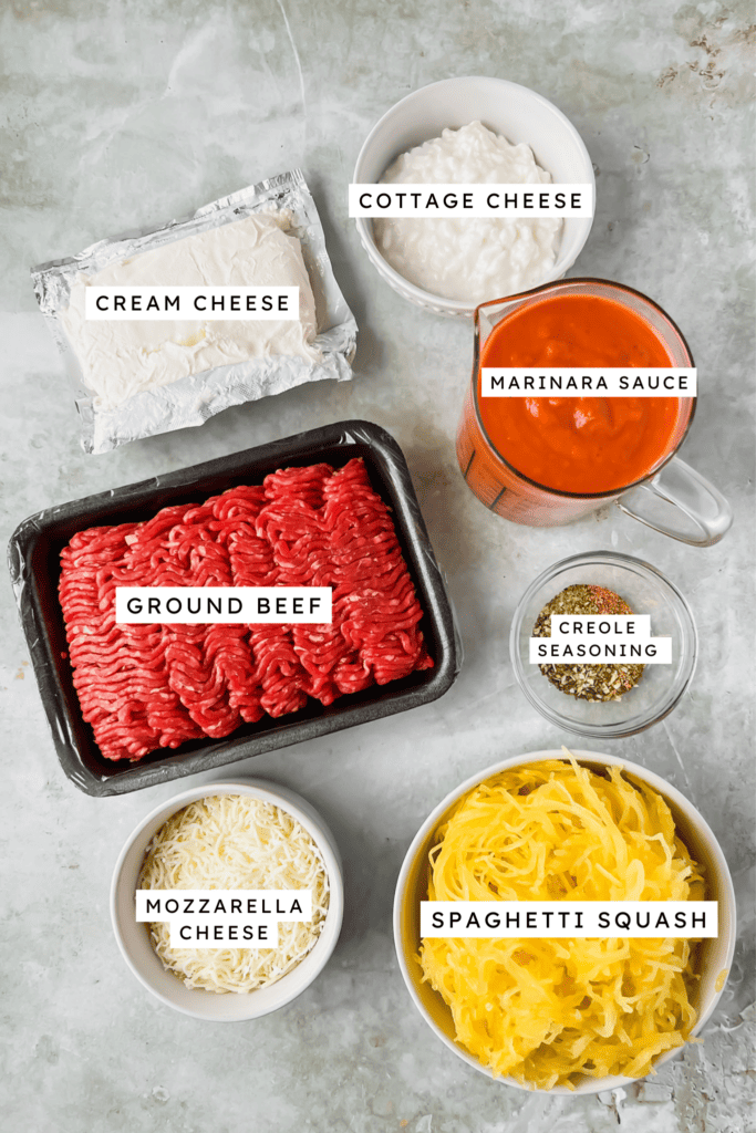 Ingredients for baked spaghetti squash casserole.
