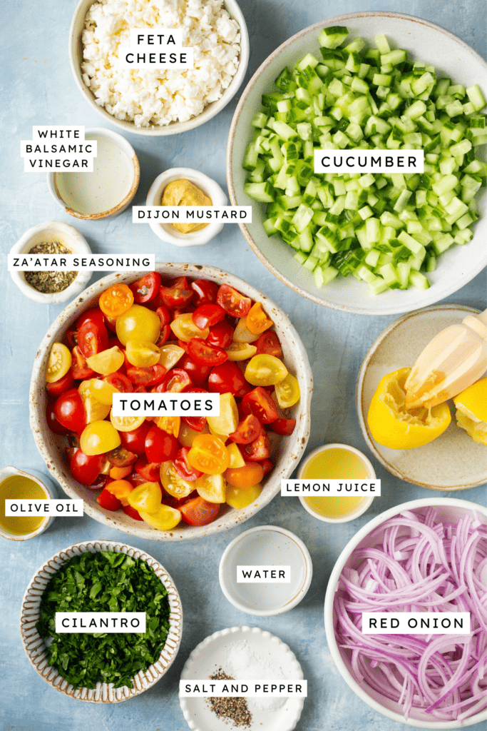 Ingredients for tomato feta cucumber salad.