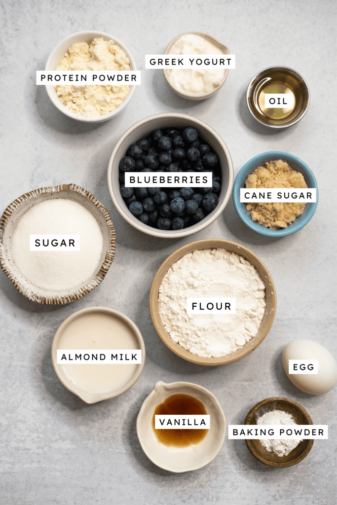 Labeled ingredients for blueberry muffins.