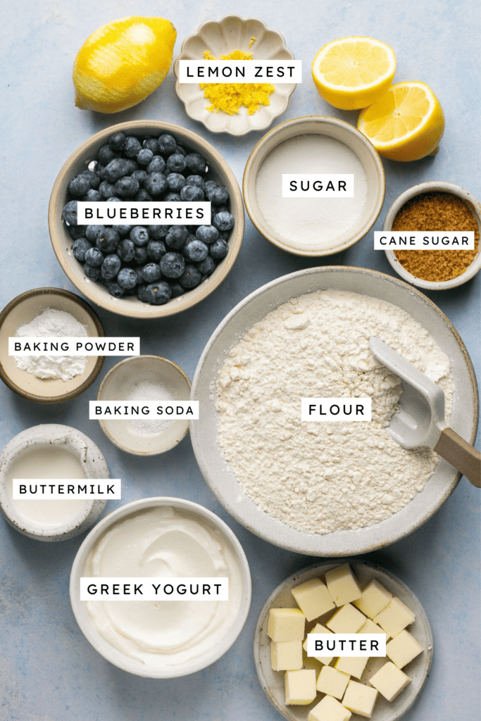 Ingredients for blueberry greek yogurt scones.