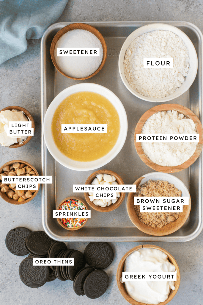 Cake Batter Oreo Blondie ingredients on a sheet pan.