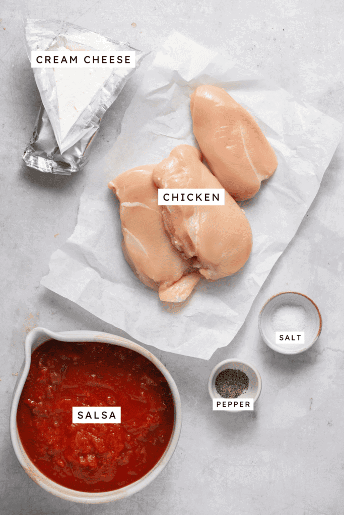 Ingredients for cream cheese salsa chicken.