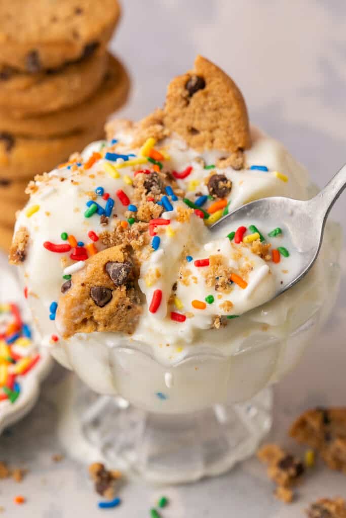Ninja creami vanilla protein ice cream topped with chocolate chip cookie pieces and rainbow sprinkles in a glass bowl with a spoon.