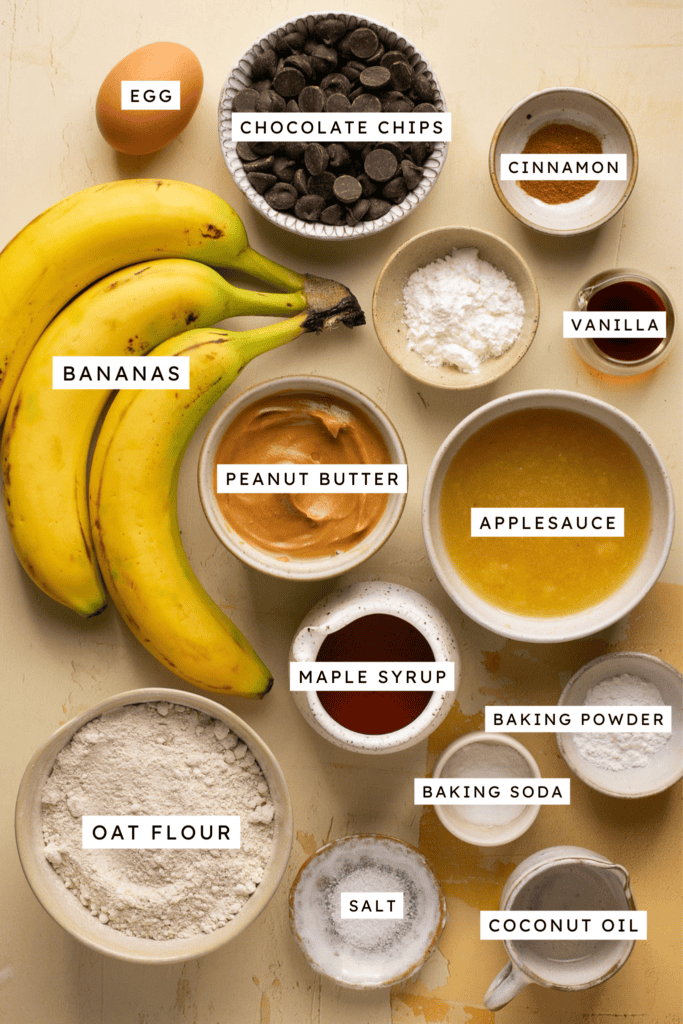 Ingredients for peanut butter banana oat flour muffins.