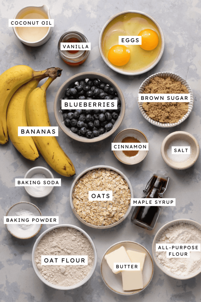 Ingredients for banana blueberry oatmeal muffins.