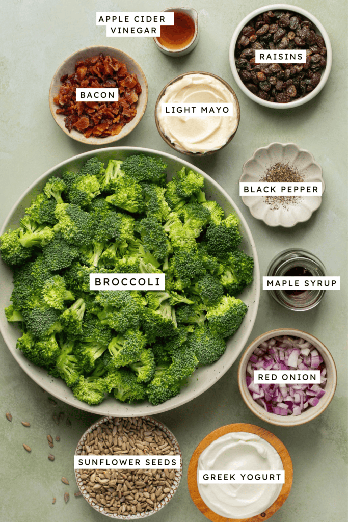 Ingredients for healthy broccoli salad with greek yogurt.