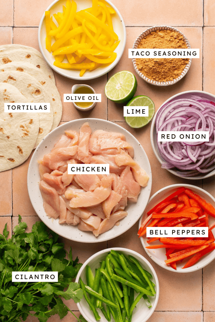 Ingredients for sheet pan Chicken fajitas with taco seasoning.
