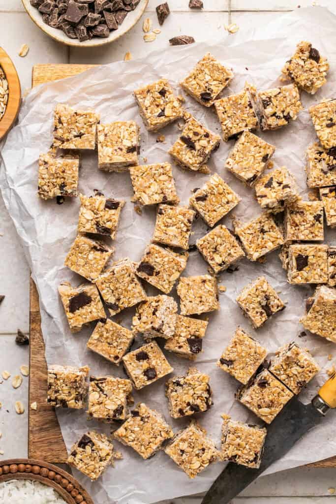 Heavenly hunks recipe cut into squares on parchment paper.