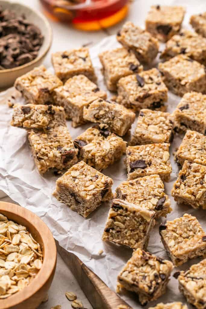 Heavenly hunks recipe cut into squares on parchment paper.