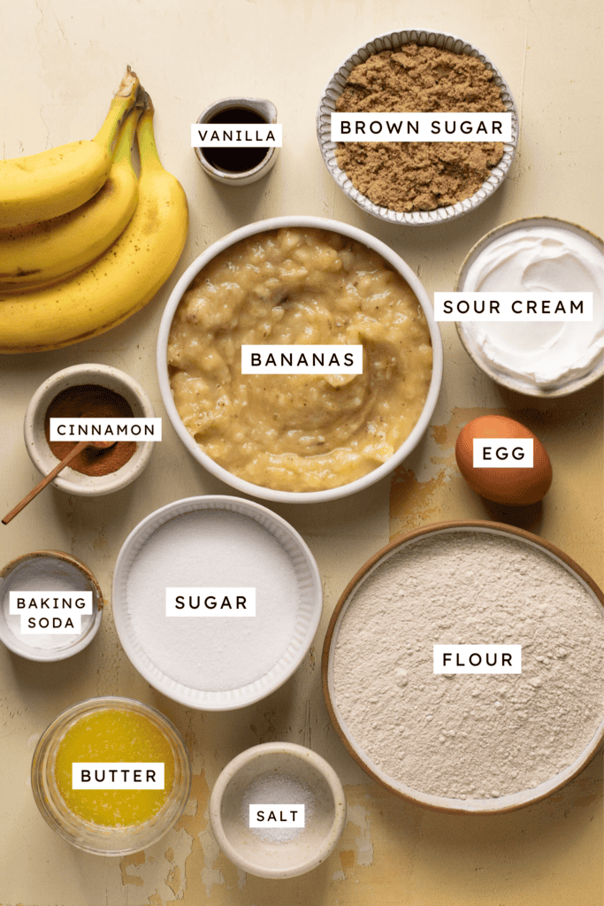Ingredients for banana sour cream coffee cake.