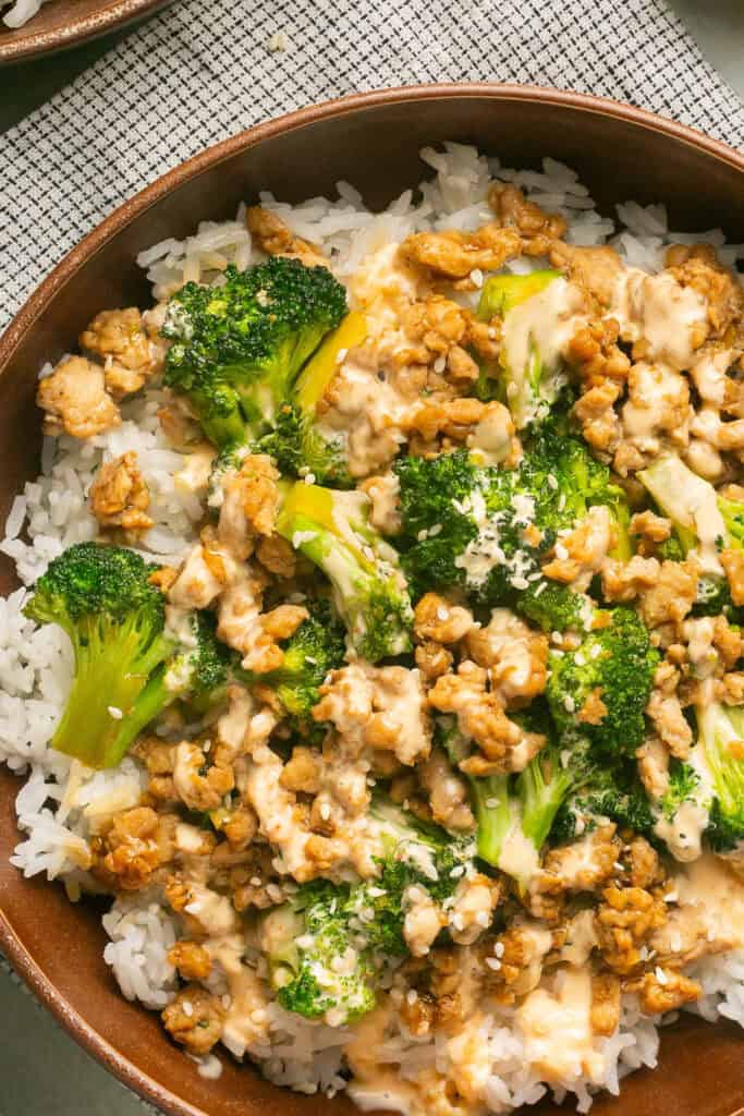 Asian ground chicken rice in a bowl.