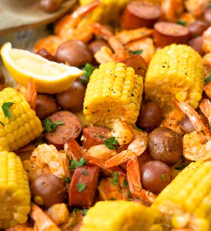 Zoomed in view of sheet pan low country boil.
