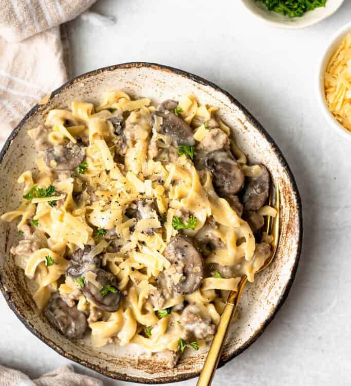 One Pot Turkey Stroganoff on a plate with a fork.
