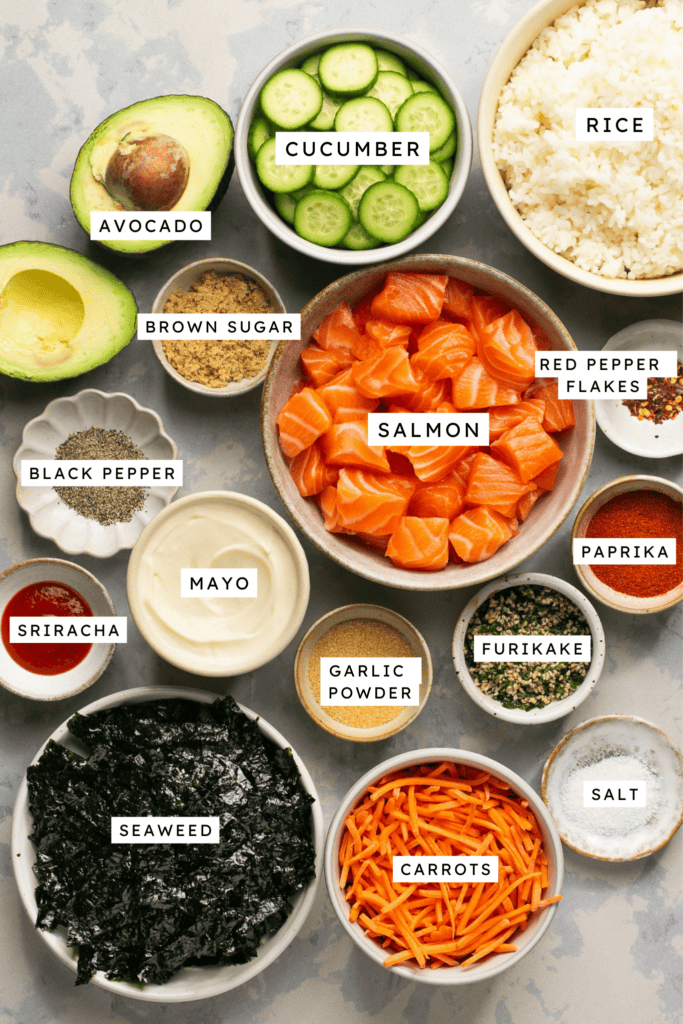 Ingredients for air fryer salmon sushi bowl.