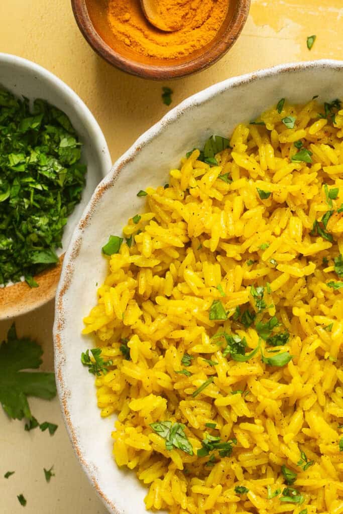 Instant pot yellow rice in a bowl.