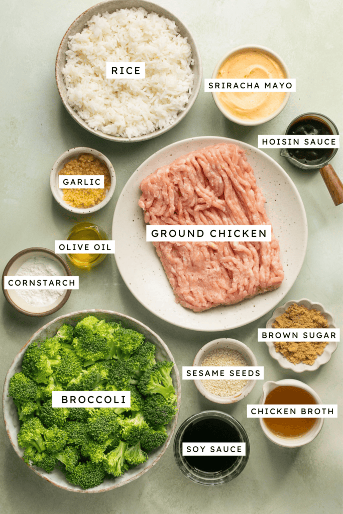 Ingredients for asian ground chicken rice bowls.