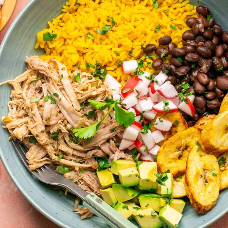 Pulled pork bowls topped with chopped radishes and plantains, avocado and cilantro.