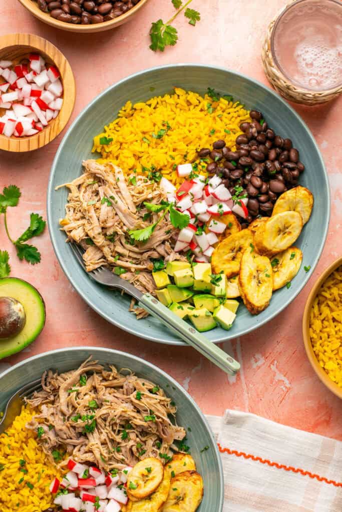 Pulled pork bowls topped with chopped radishes and plantains, avocado and cilantro.