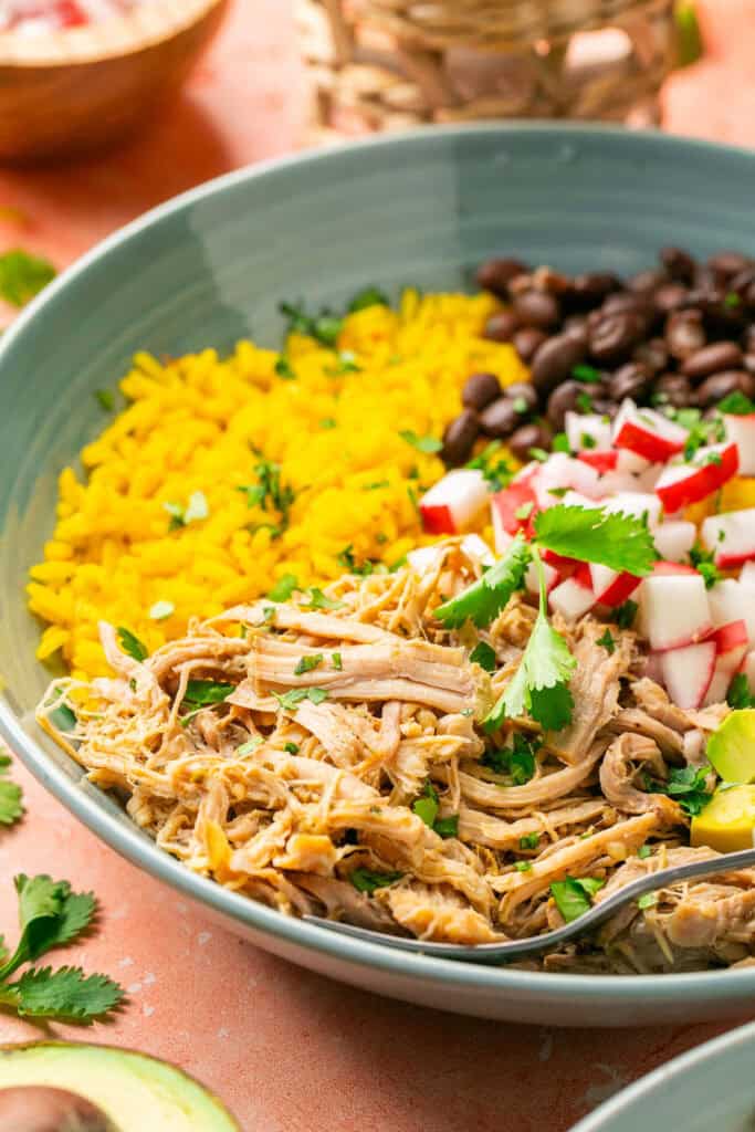 Cuban pulled pork in bowl topped with yellow rice, avocado, radishes and air fried plantains.