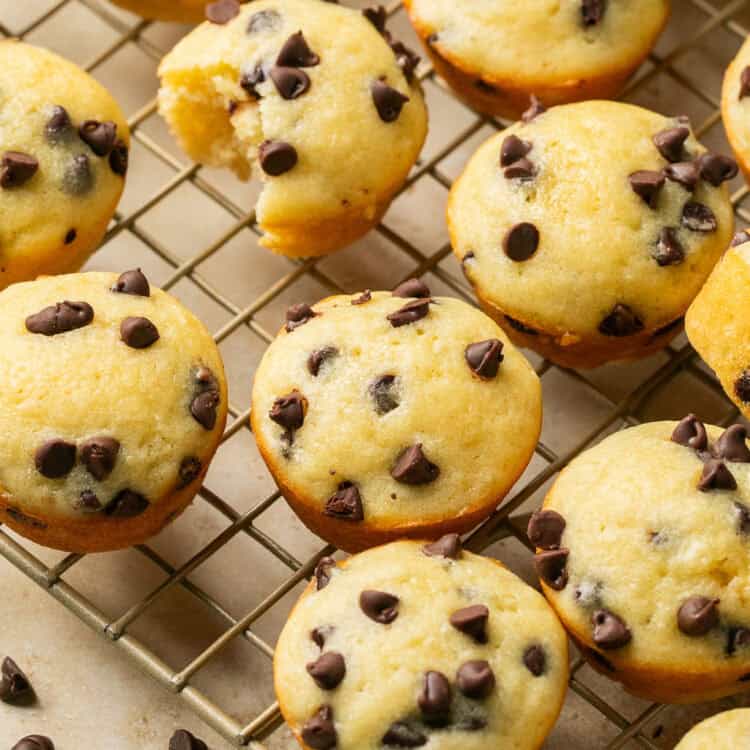 Chocolate Chip Mini Muffins on a cooling rack.