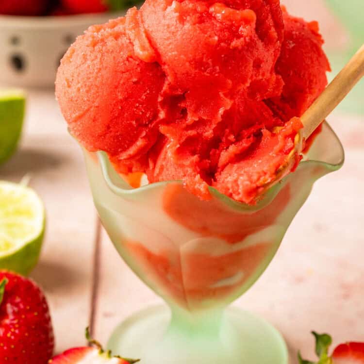 Ninja creami strawberry sorbet in an ice cream dish.