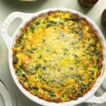 Cottage cheese egg bake in baking dish after being baked.