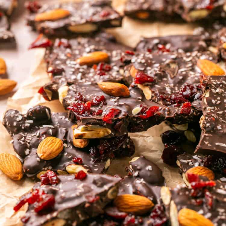 Dark Chocolate Cherry Almond Bark on parchment paper.