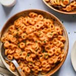 Homemade Spaghetti-O's in a bowl with a fork.