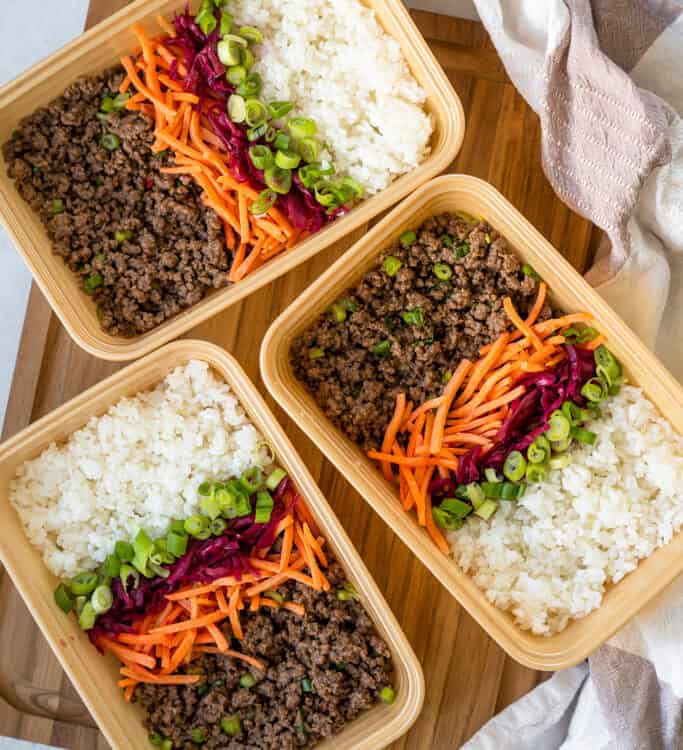 Meal Prep Korean Beef Bowls in meal prep containers.