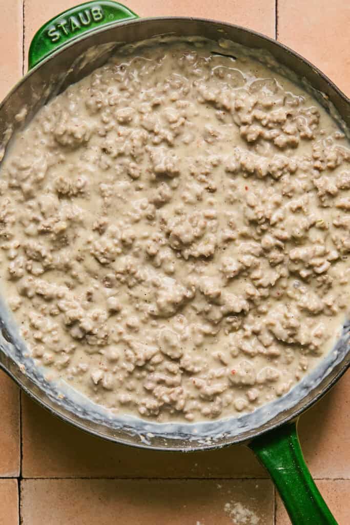 Homemade Turkey Sausage Gravy in a skillet.