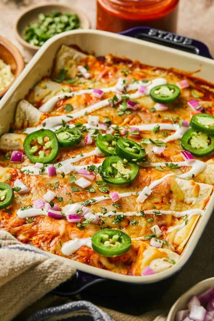 Ground Turkey Enchiladas in a casserole dish.