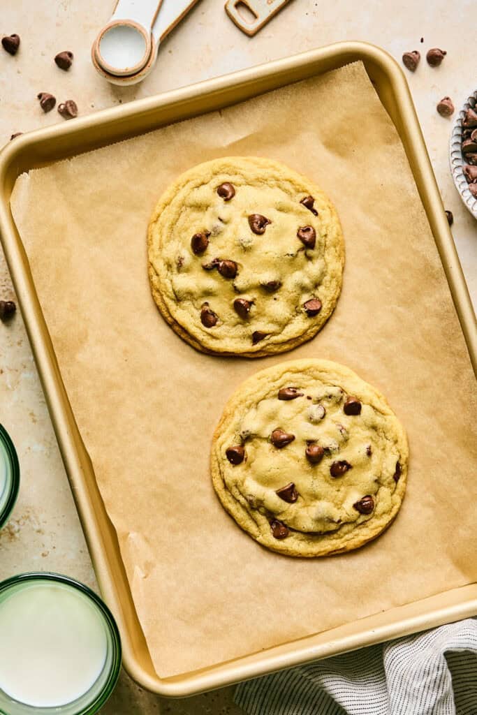 Two Huge Chocolate Chip Cookies on parchment paper.