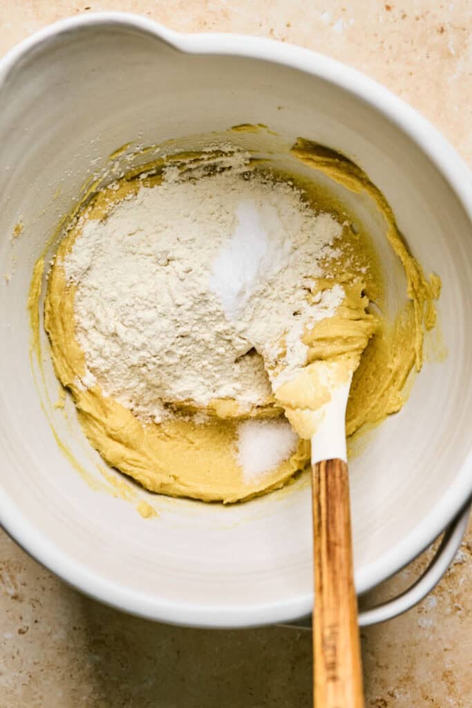 Dry ingredients added to the mixing bowl.