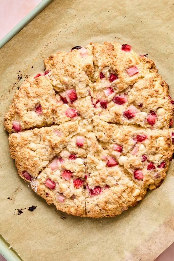 Pancake Mix Scones in a disc shape and sliced after being baked.