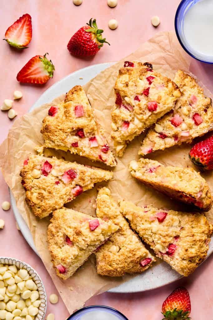 Pancake Mix Scones with strawberries on a plate.