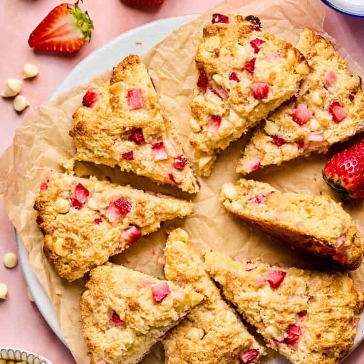 Pancake Mix Scones with strawberries on a plate.