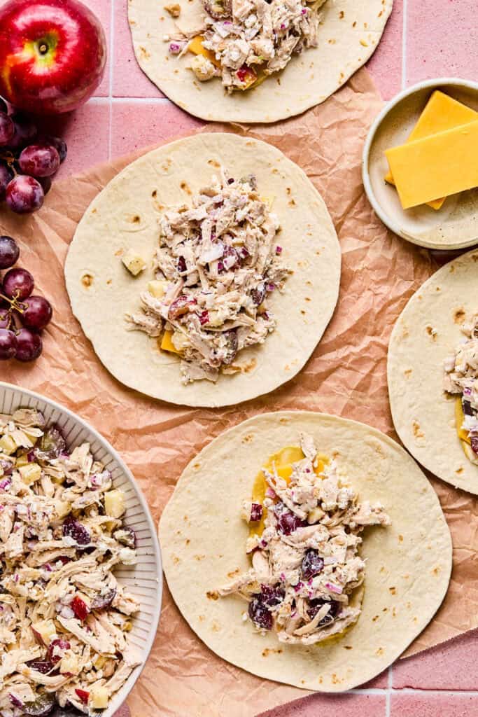 Apple Grape and Walnut Chicken Salad Wraps open faced, before being wrapped up.