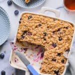 Blueberry Muffin Pancake Bake in a square baking dish.