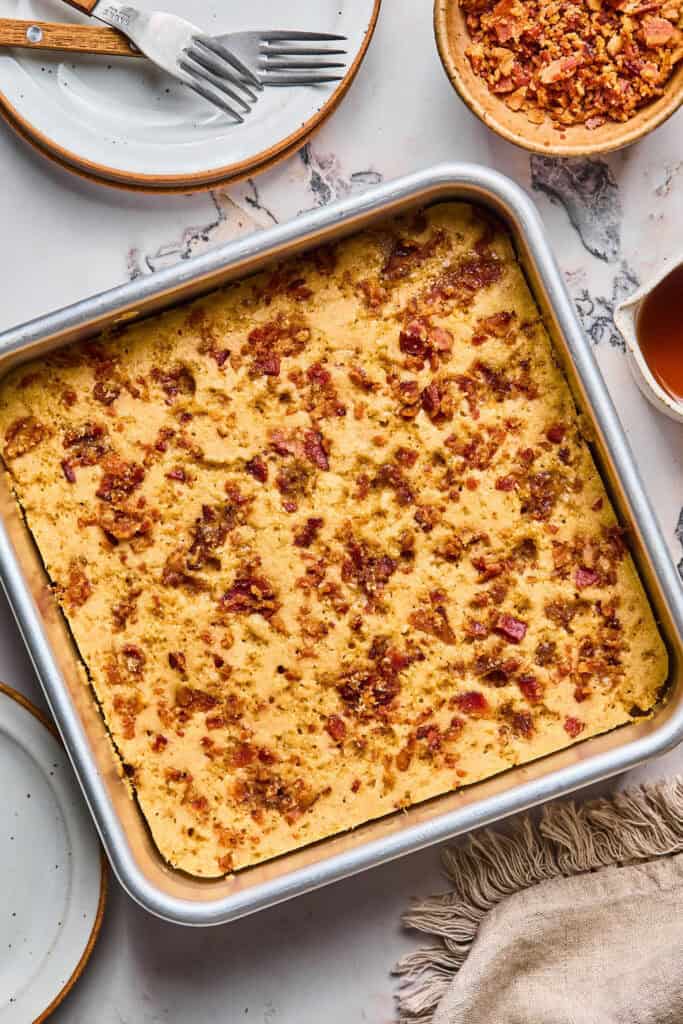 Maple Bacon Pancake Bake in a baking dish.