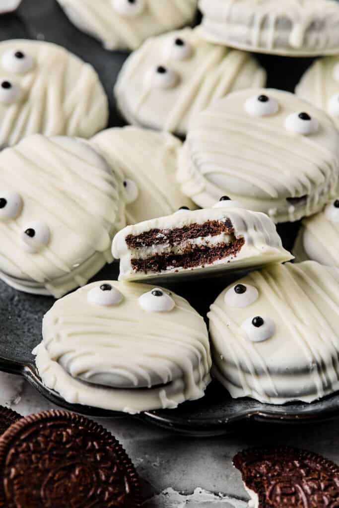 Oreo Mummy Cookies on a tray.