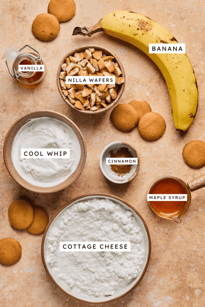 Ingredients for Cottage Cheese Banana Pudding Parfaits.