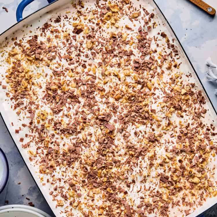 Chocolate pudding delight dessert in a baking dish.
