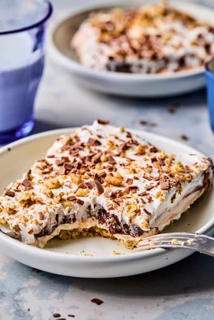 Chocolate pudding delight dessert on a plate.