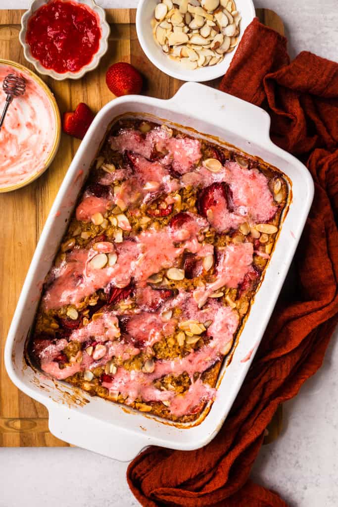 Strawberry Almond Baked Oatmeal in a baking dish.