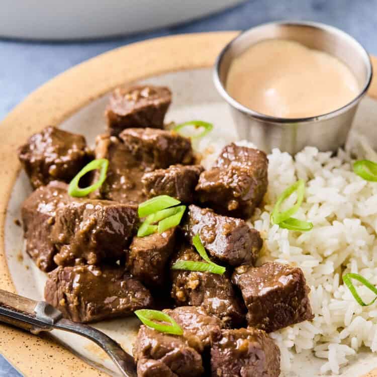 Hibachi Steak with rice on a plate.