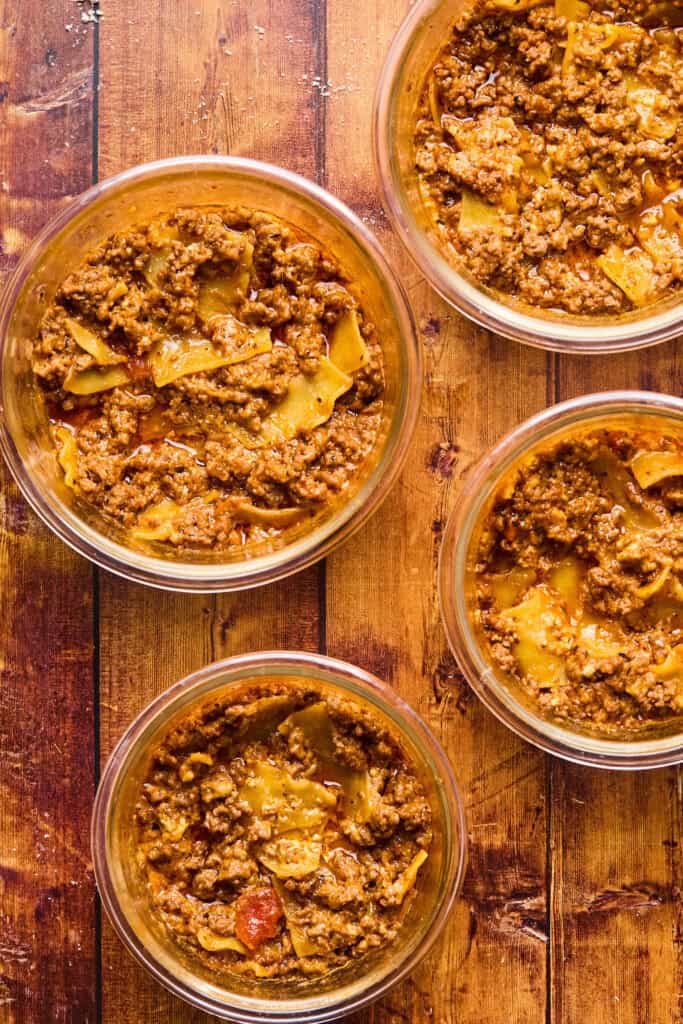 Microwave Lasagna in bowls.