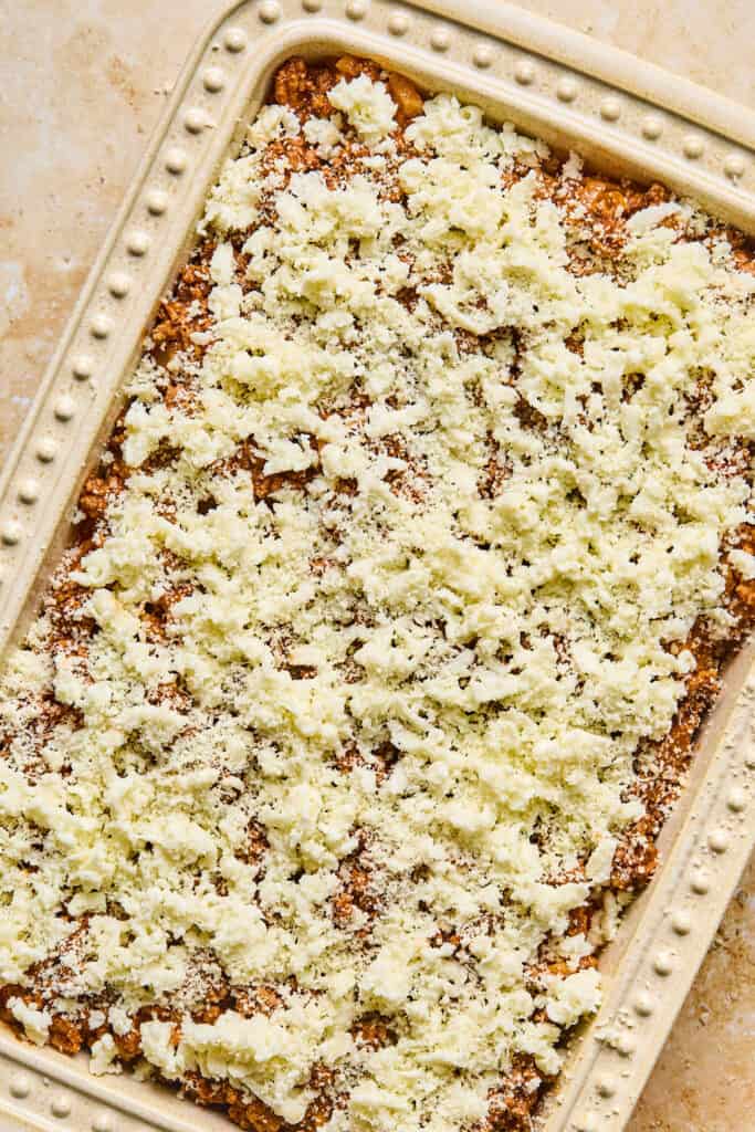 Million Dollar Spaghetti Casserole in a baking dish before being baked,