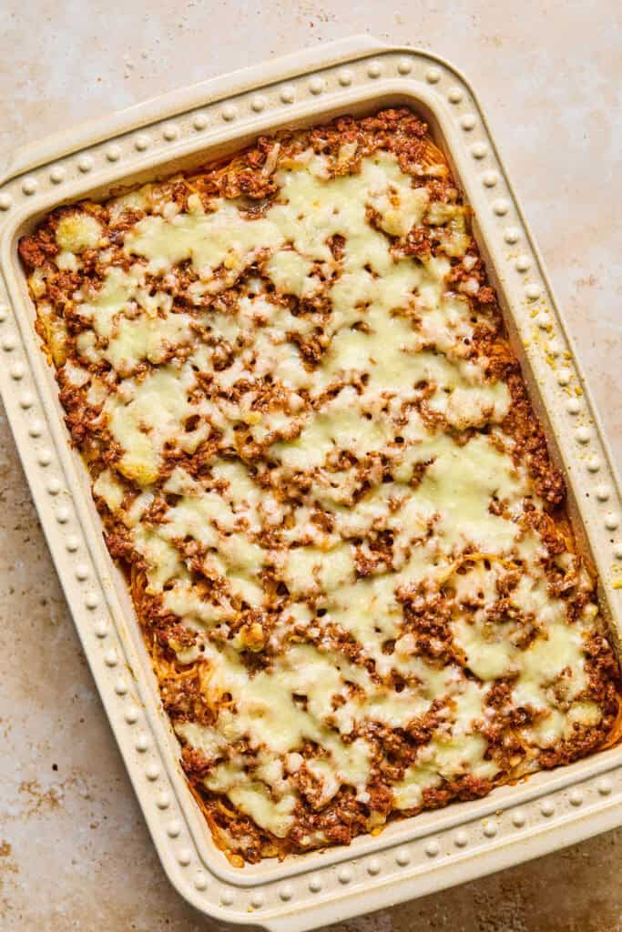 Million Dollar Spaghetti Casserole in a baking dish after being baked.