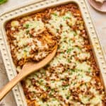 Million Dollar Spaghetti Casserole in a baking dish.