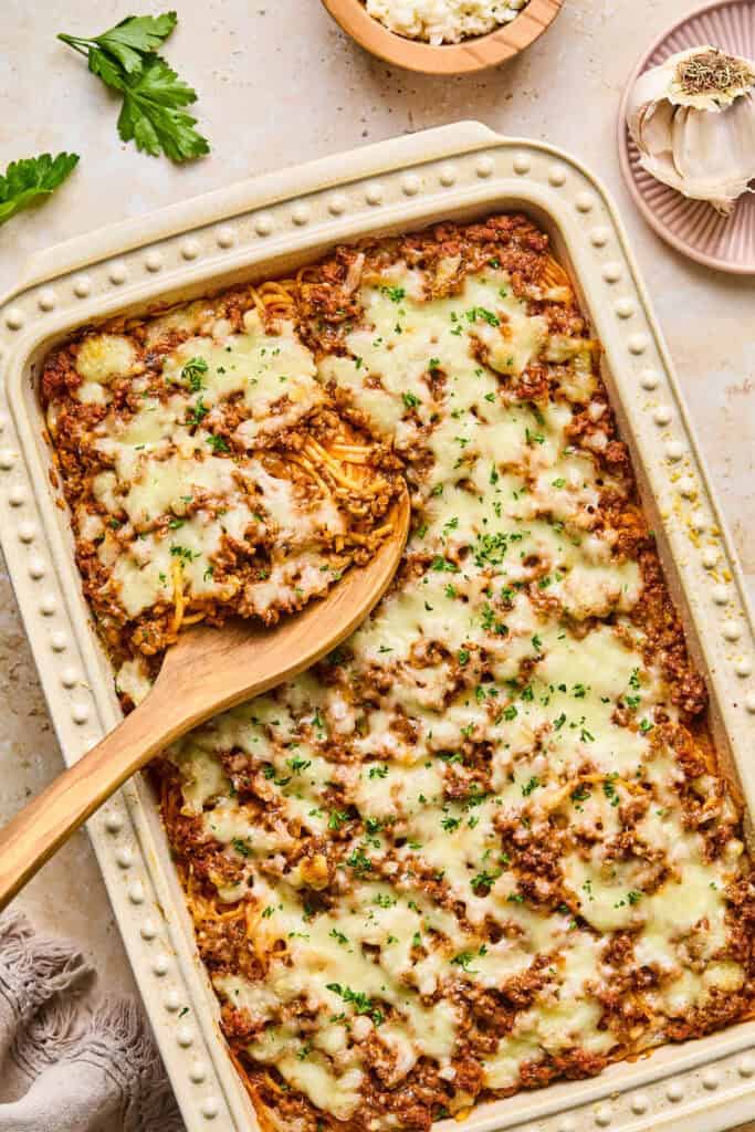 Million Dollar Spaghetti Casserole in a baking dish.
